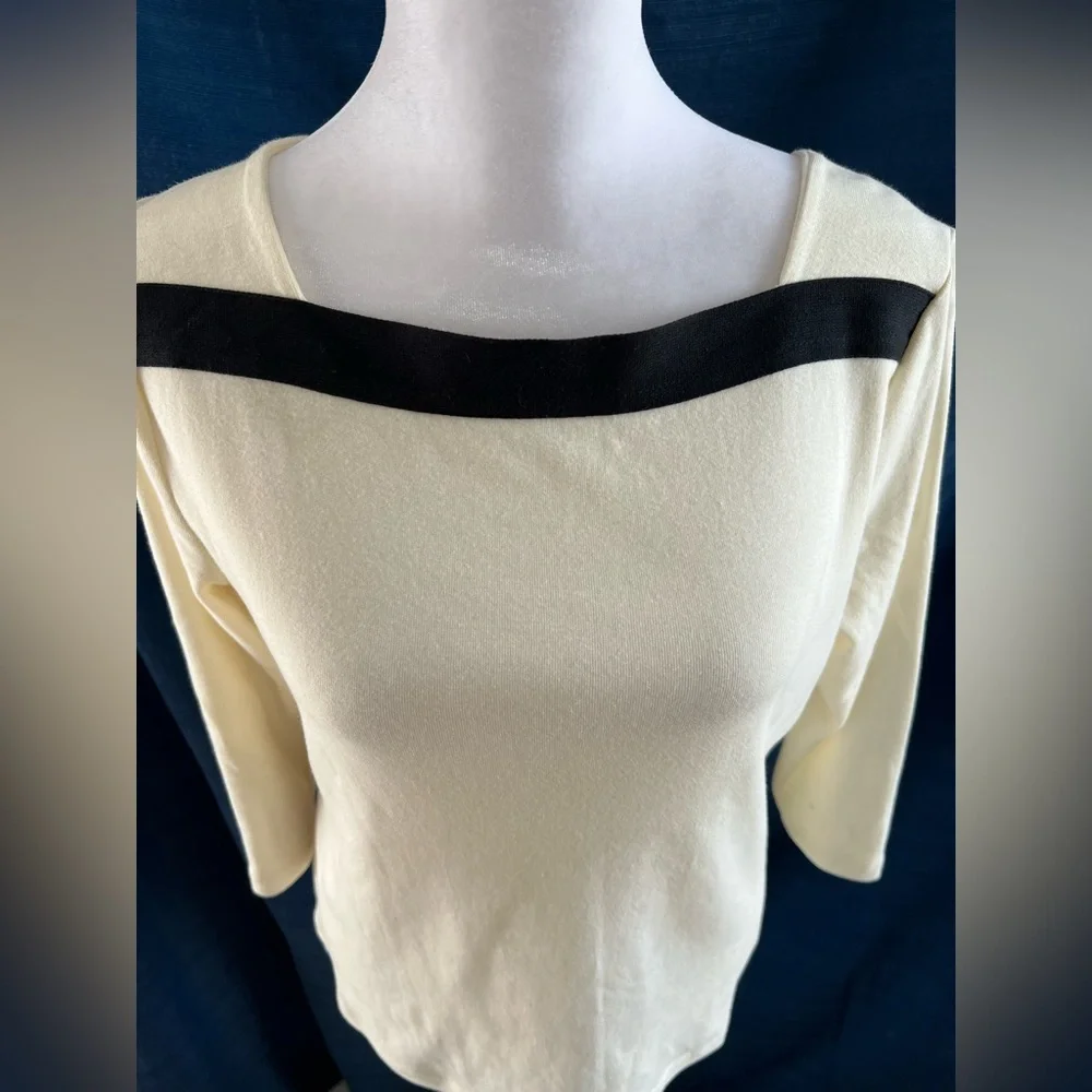 NWT Lauren Ralph Lauren | Cream 3/4 Sleeve Top Black Stripe Neckline Size Med - Picture 5 of 9